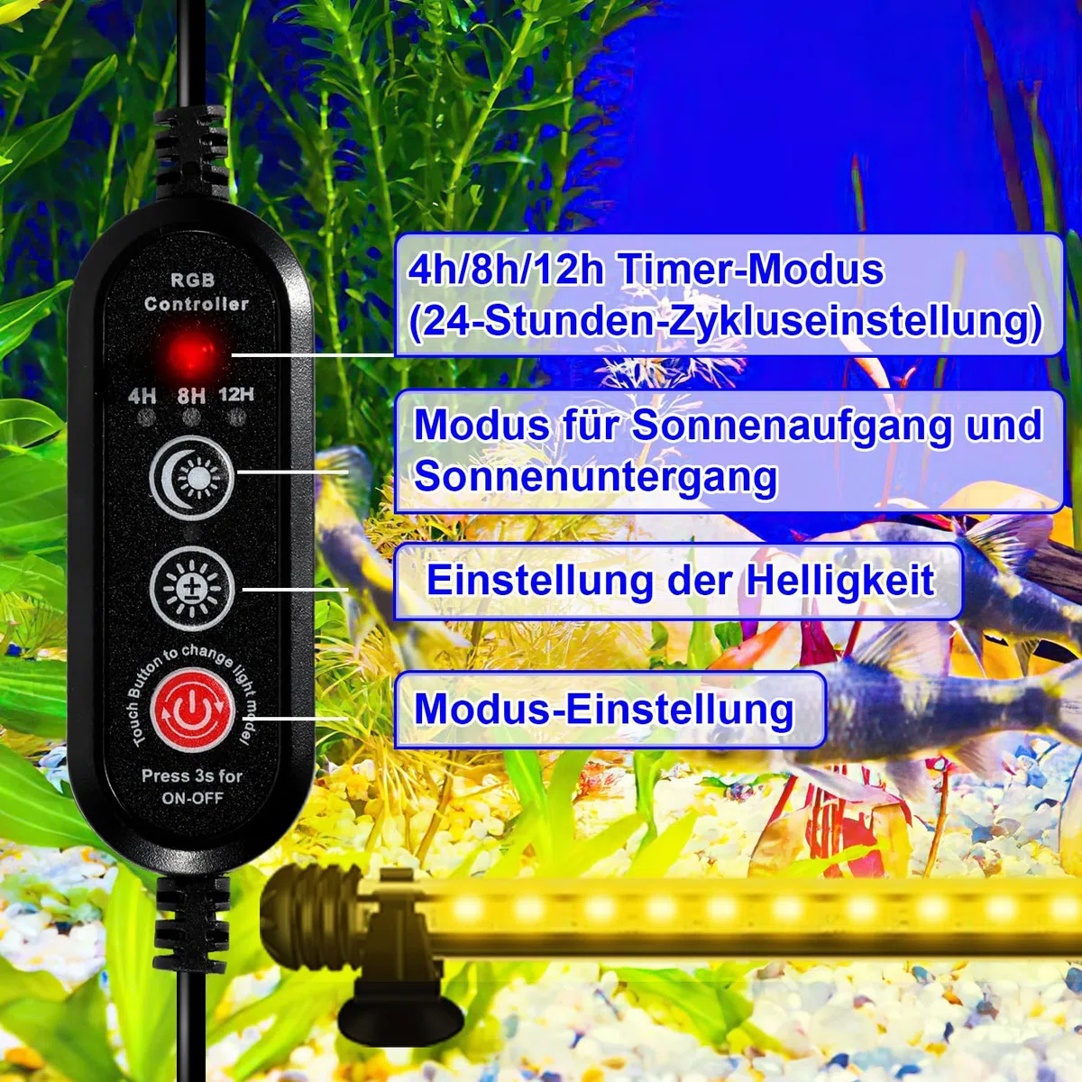 Aquarium LED Beleuchtung, 1,8W Aquarium-Licht RGB, IP67 Wasserdicht, Aquarium-Lichtleiste mit automatischem Timer-Schalter, Geeignet für Süßwasseraquarien unterschiedlicher Größe