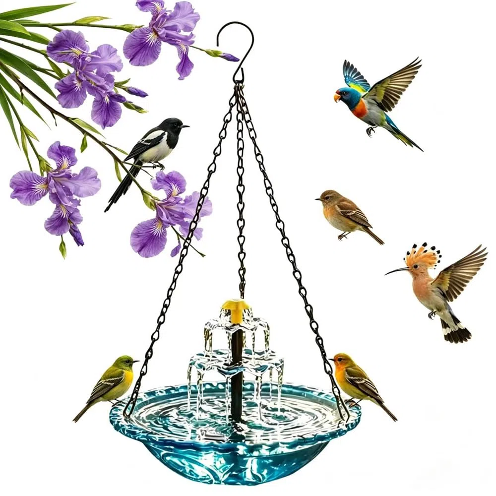 Vogeltränke Hängend mit Solarbrunnen, Wassertränke für Vögel mit Springbrunnen, 3 Stufig Vogeltränke zum Aufhängen, Solar Springbrunnen Vogelbad mit Fließendem Wasser, für Garten Hof Terrasse, Außen
