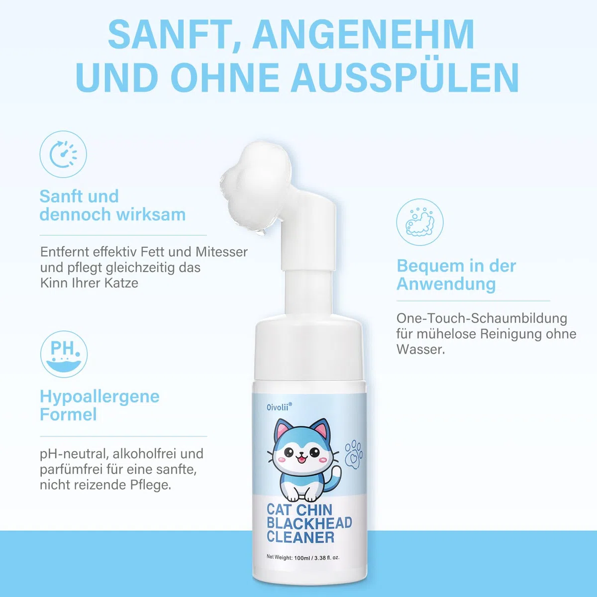 Katzen Mitesser Schaumreiniger mit Bürste 100ml – Sanfte, hypoallergene Unterkieferpflege, entfernt Schwarze Punkte & Pickel, beruhigt Akne, für alle Katzenrassen, ohne Ausspülen