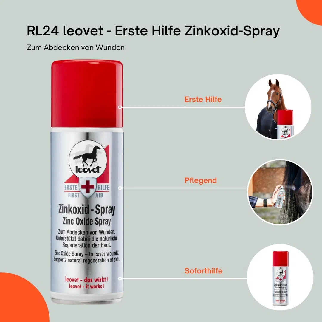 RL24 leovet - Erste Hilfe Zinkoxid-Spray | Pferde-Zinkspray zum Abdecken von Wunden | Zinksalbe zum Sprühen | Schutzfilm vor Schweiß & Urin | pflegt beanspruchte Hautpartien | 1 x Wundspray 200 ml