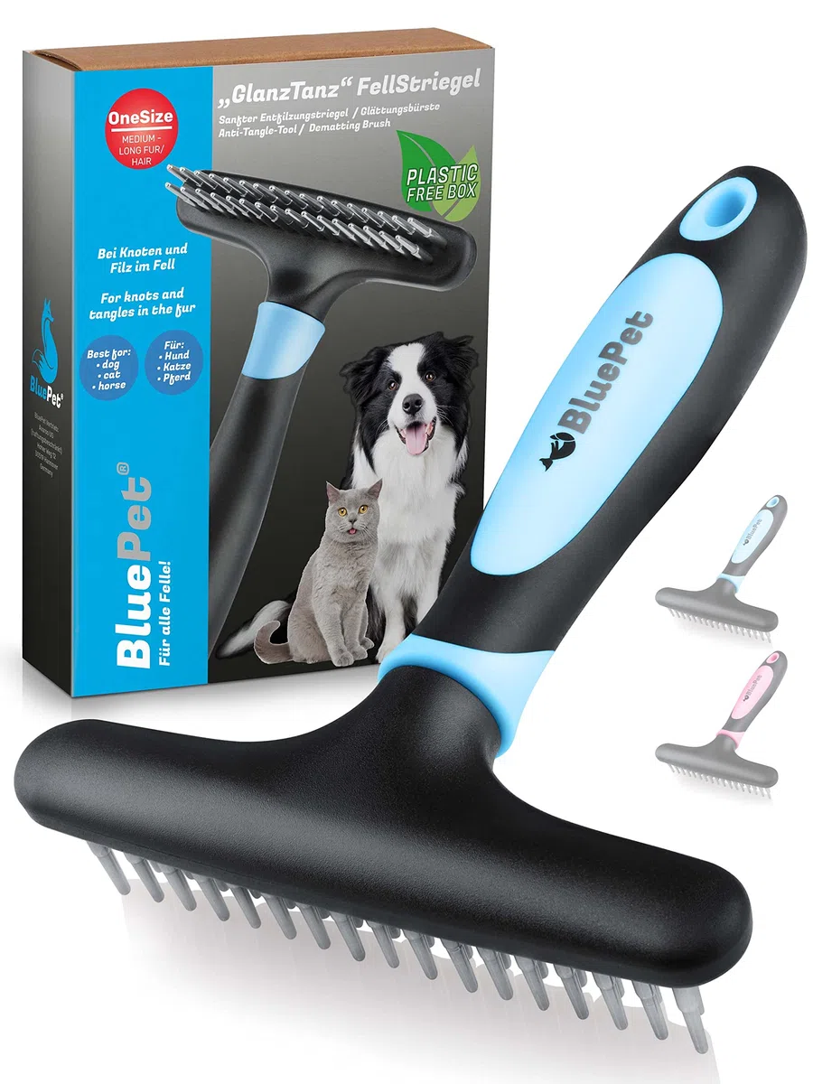 BluePet Fellentwirrer Entfilzer für Langhaar Hunde & Katzen I Hochwertiger Hundestriegel mit zwei Reihen Pins I Löst Knoten, Verfilzungen & Unterwolle I Unterwollrechen Glättet & Entwirrt langes Fell