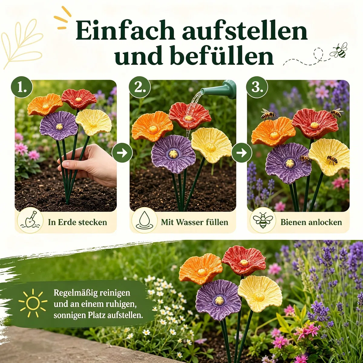 Generisch 6 Stück Keramik Blumen Gartenstecker, Vogel- und Bienentränke, 27 cm, Insektentränke für Garten und Blumentopf, Honig, Spenders, Outdoor, Hof, Terrasse (4Pcs)