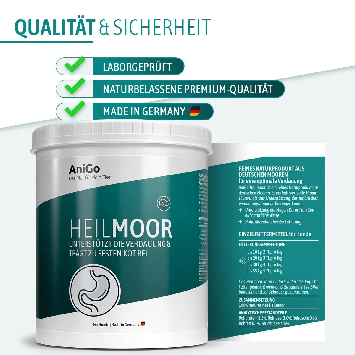 AniGo Heilmoor für Hunde 1,3kg – Verbessert die Kotbeschaffenheit, Optimale Verdauung, Immunsystem, Magen-Darm-Aktivität, Appetit Anregung I Natürliche Heilerde Moor für Hund
