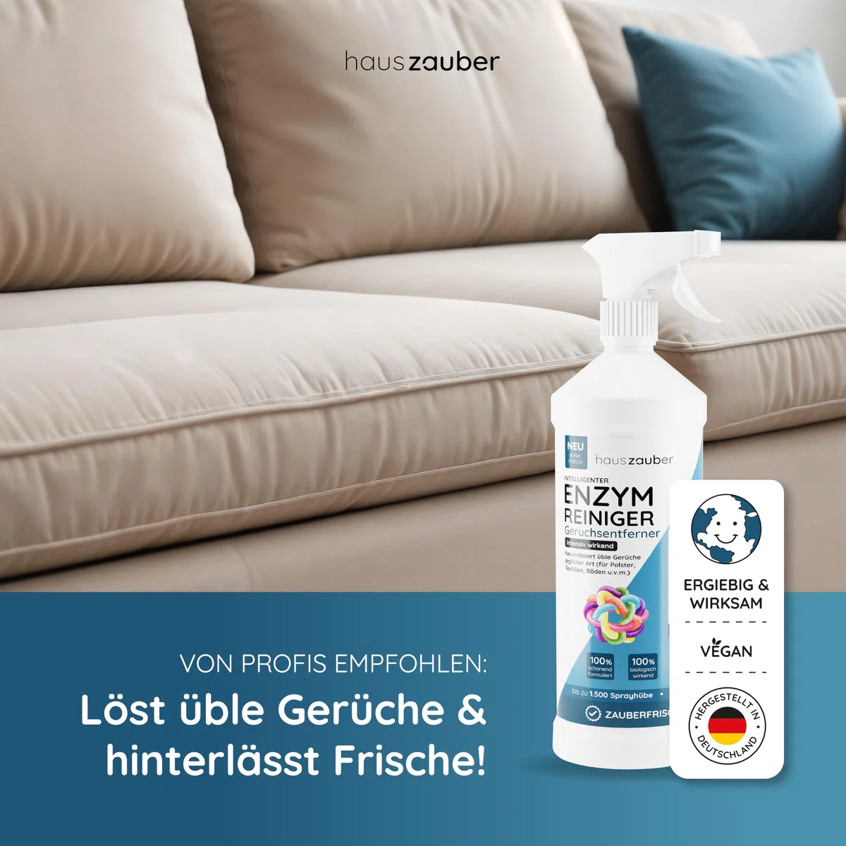 hauszauber - Enzymreiniger [STARKER GERUCHSENTFERNER] 1000 ml - Gegen Katzenurin, Hundeurin etc. - Üble Gerüche aus Sofa & Teppich entfernen - Geruchsneutralisierer - Zauberfrische