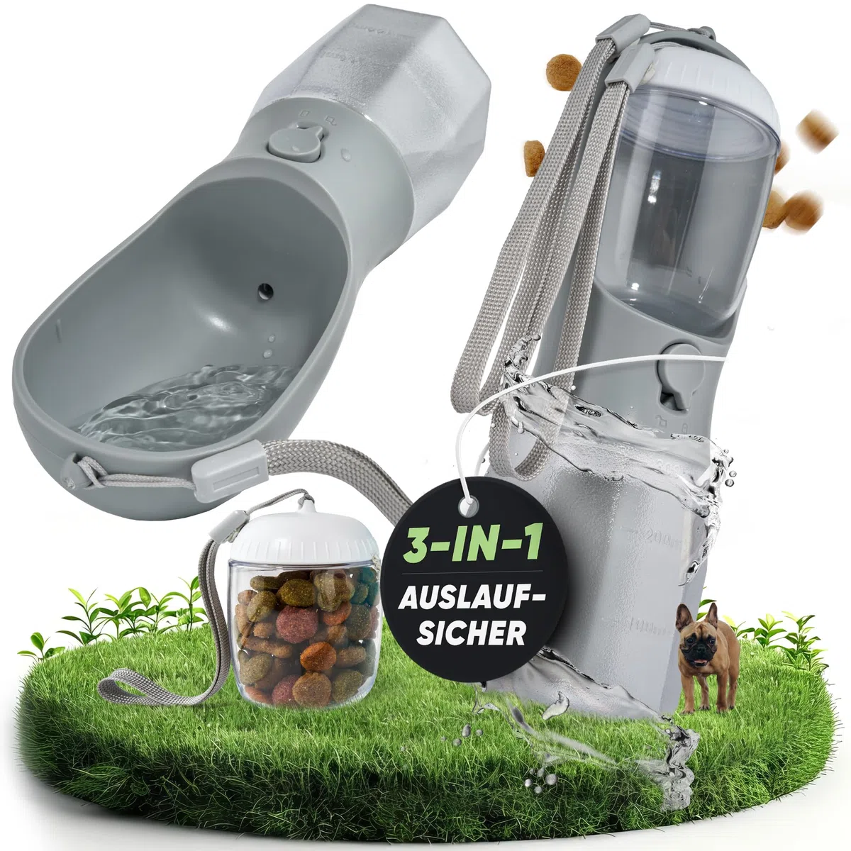 Hundetrinkflasche 300ml – 3-in-1 Trinkflasche mit Napf & Rücklauffunktion – 100% auslaufsicher, BPA-frei – für kleine Hunde, Wandern, Reisen & Autofahrten