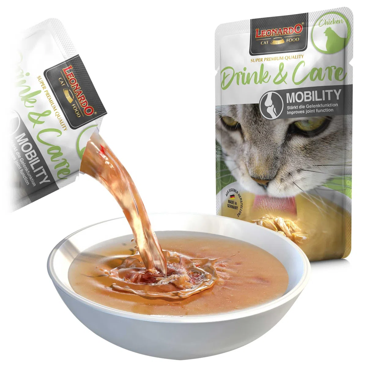 Leonardo Drink & Care Mobility Chicken | 20 x 40 g | Ergänzungsfuttermittel für ausgewachsene Katzen | Zur Unterstützung der Flüssigkeitsaufnahme und der Gelenkfunktion