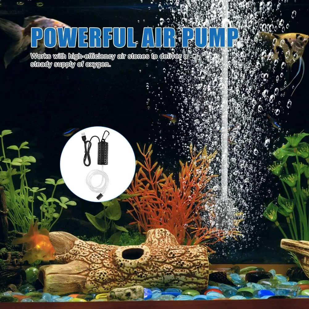 2 Stück Aquarium Luftpumpe, Mini Sauerstoffpumpe USB, leise Oxygen Pumpe 1W mit Luftstein und Schlauch, energiesparende Membranpumpe für Fischtank Wasserpumpe