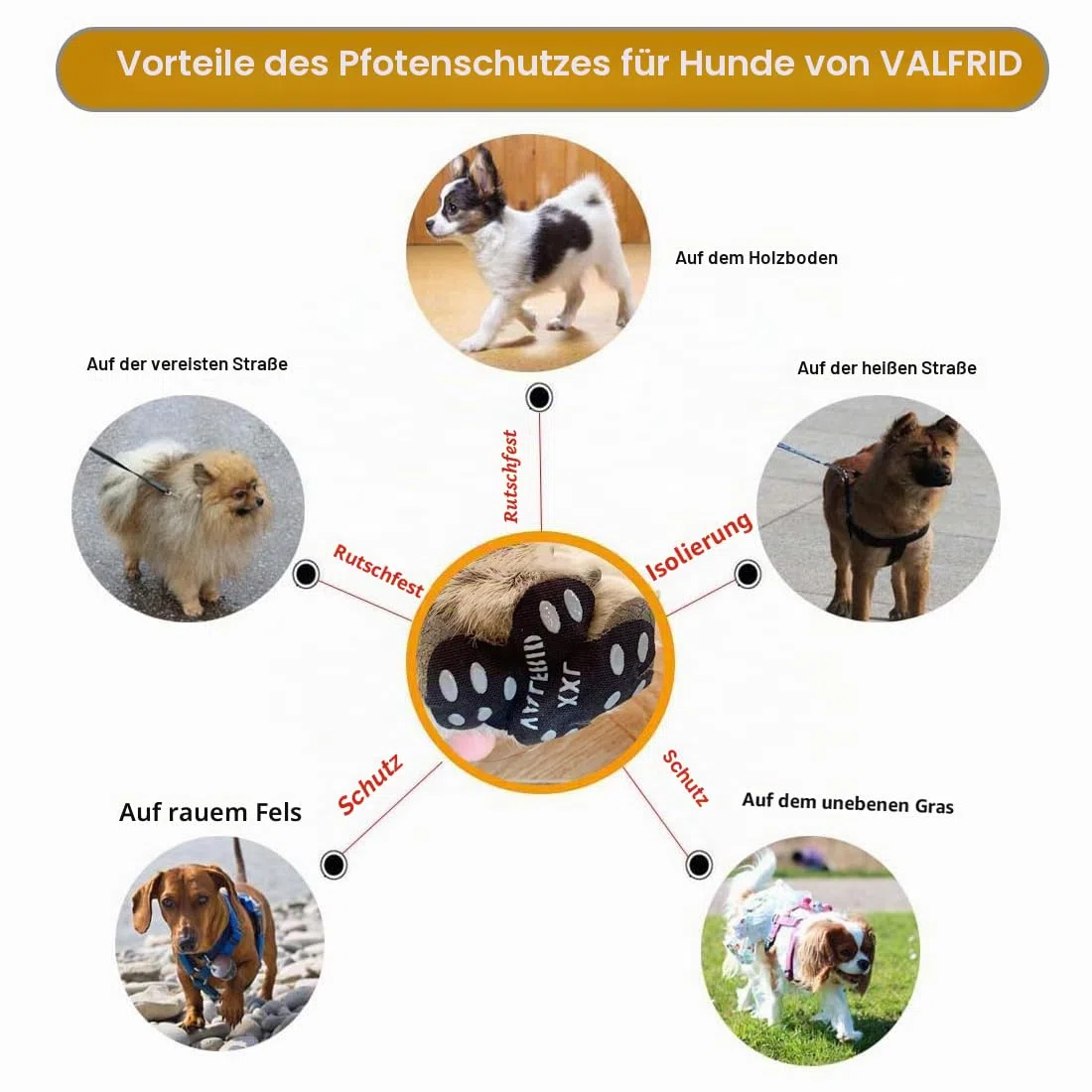 VALFRID Anti-Rutsch Pfotenschutz für Hunde 24 Stücke,Selbstklebende Silikon-Gel Beständig rutschfest Traktion Hund Schuhe Hundeschuhe Hundesocken Ersetzen L