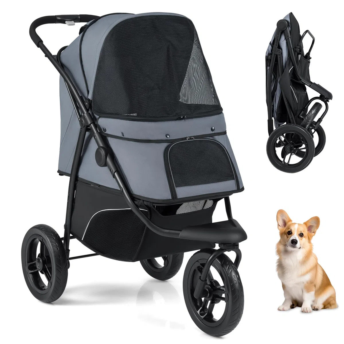 COSTWAY Hundewagen klappbar, Hundebuggy bis 25 kg, Katzenwagen 3 Rad, Haustierwagen mit verstellbarem Sonnendach, Netzfenster, Korb & Polster, Haustierbuggy für Katzen Hunde (Grau)