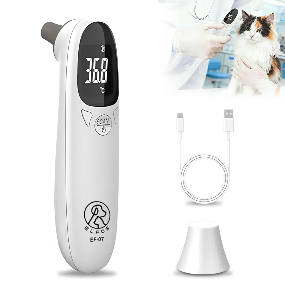 Ohrthermometer Hund, Fieberthermometer Hund mit LED Anzeige, 12,8 * 3,9 cm Tragbares Fieberthermometer Ohr, Fiebererkennung für Katzen, Hunde, Kühe, Ferd(Weiß)