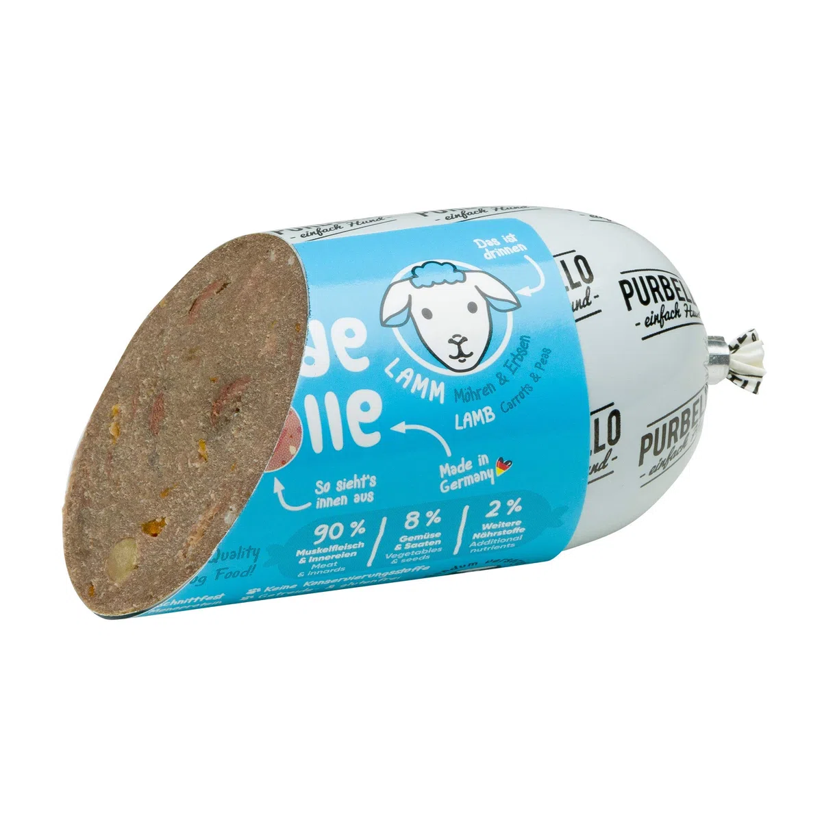 PURBELLO Hunde-Rolle Lamm mit Möhren & Erbsen - Monoprotein Hundefutter mit hohem Fleischanteil - Nassfutter für Hunde - Hundewurst schnittfest & getreidefrei - 8 x 200 g