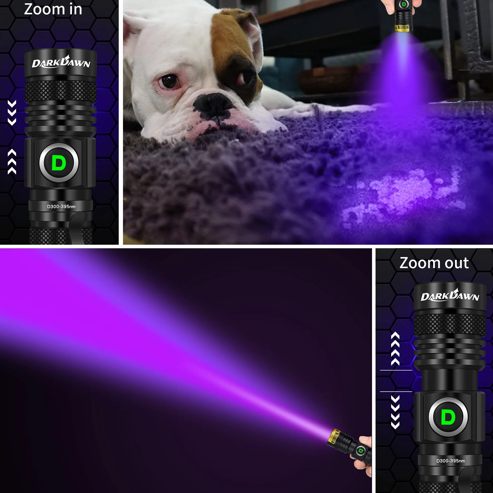 DARKDAWN UV Taschenlampe 395nm Licht USB Wiederaufladbare, Ultraviolett-LED-Schwarzlicht Woodsche Lampe Tragbare, Mini-Detektor für Haustier Urin Flecken, Edelstein, Harz Aushärtung, Fluoreszenz