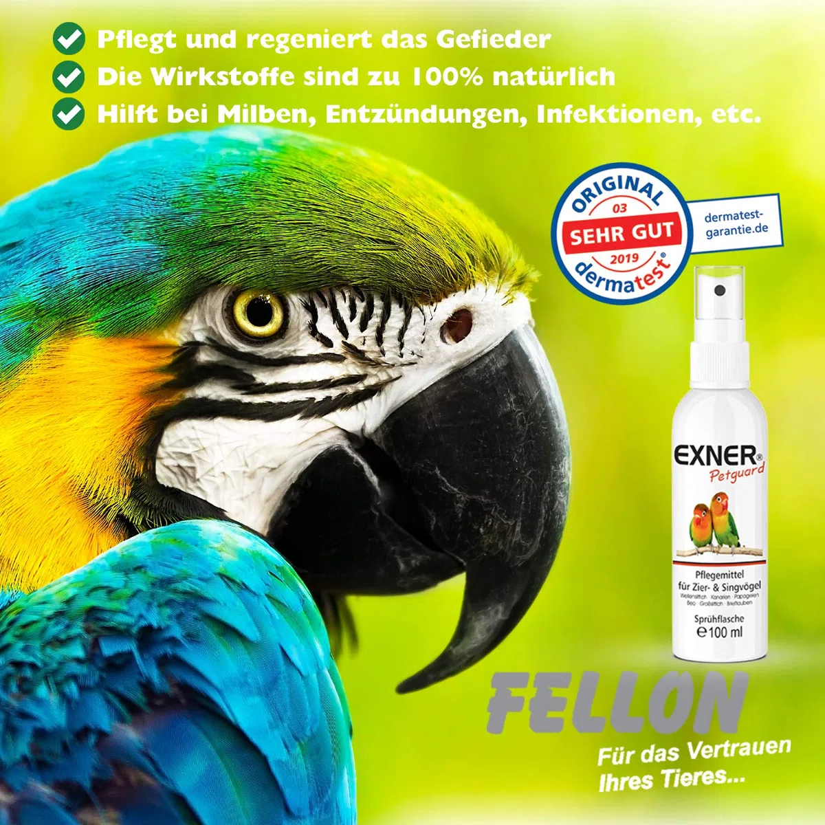 Tierpflege für Ziervögel & Singvögel - Pflegemittel bei Juckreiz, Haarausfall, Entzündung, Parasiten, Räude, Milben & Pilzbefall - biologisch & natürlich - 100 ml Sprühflasche