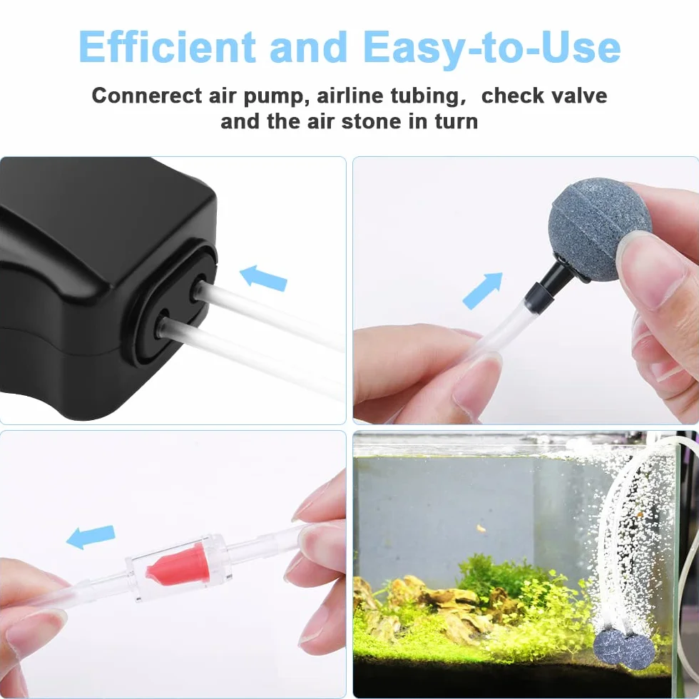 Flintronic Aquarium Luftpumpe, Leise Sauerstoffpumpe mit Rückschlagventil, Luftpumpen Kit mit Silikonschlauch, Luftstein und T-Stecker, Mini-Aquarienluftpumpe für 5-300L Fish Tank