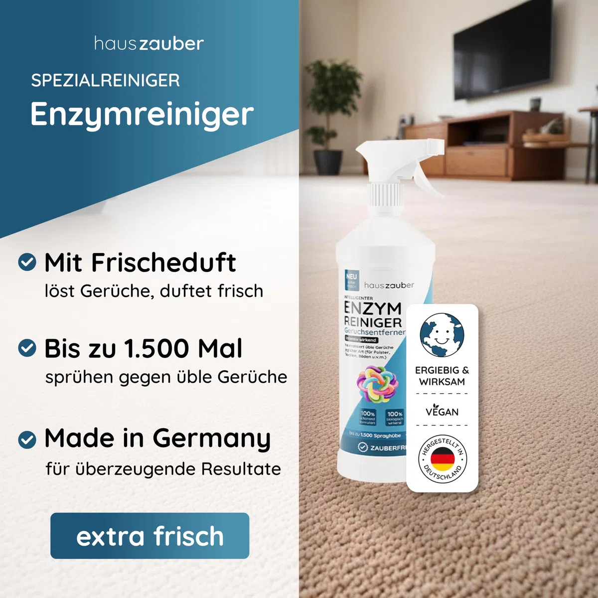 hauszauber - Enzymreiniger [STARKER GERUCHSENTFERNER] 1000 ml - Gegen Katzenurin, Hundeurin etc. - Üble Gerüche aus Sofa & Teppich entfernen - Geruchsneutralisierer - Zauberfrische