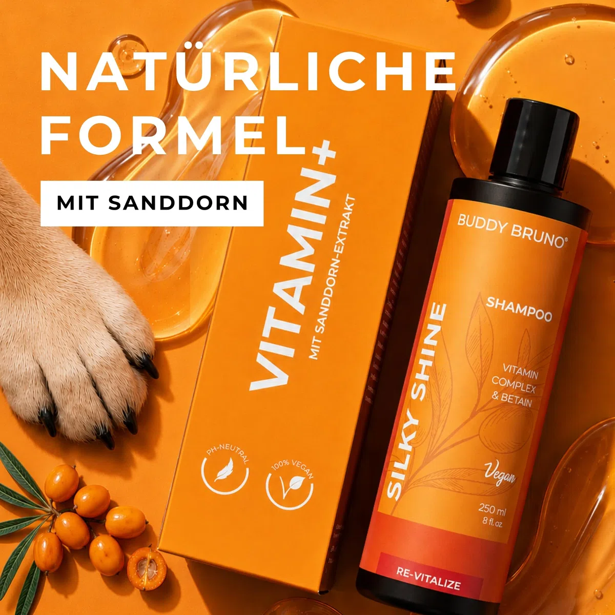 Testnote: Sehr gut - Hundeshampoo sensitiv mit Sanddorn - Fellpflege gegen Juckreiz & Geruch - 100% vegan & natürlich - für glänzendes Fell & Vitale Haut - 250ml