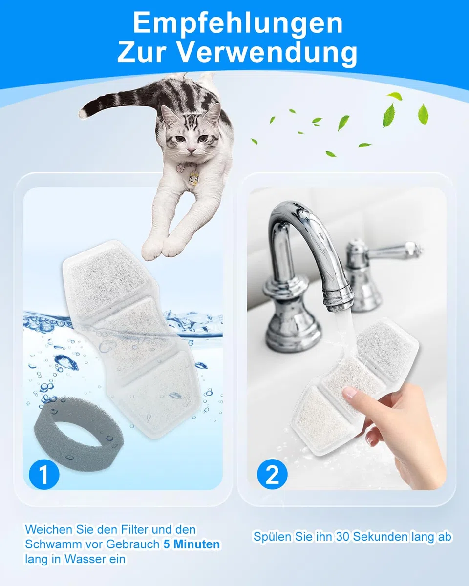 8 Pack Ersatzfilter für Invengo 3.2L Katzenbrunnen Edelstahl, 5-Schicht Filtration für Invengo 3.2L/2.2L Ultra-Leiser Trinkbrunnen für Katze, 8 Kohlefilter und 8 Schaumstoffschwämme (8+8)