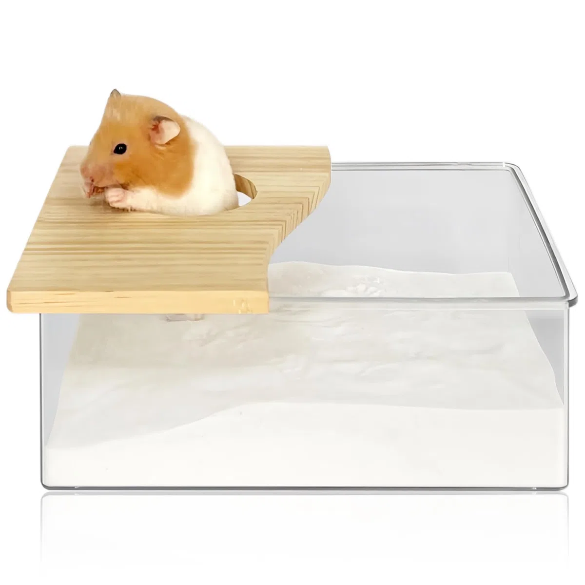 HOMURY 1 Stück Hamster Sandbad: Acryl Hamster Badebox, Hamster Zubehör mit Halbabdeckung aus Massivholz, Hamster Toilette für Chinchilla, Goldene Bären, Gerbil(Rechteckig,20x15x8cm)