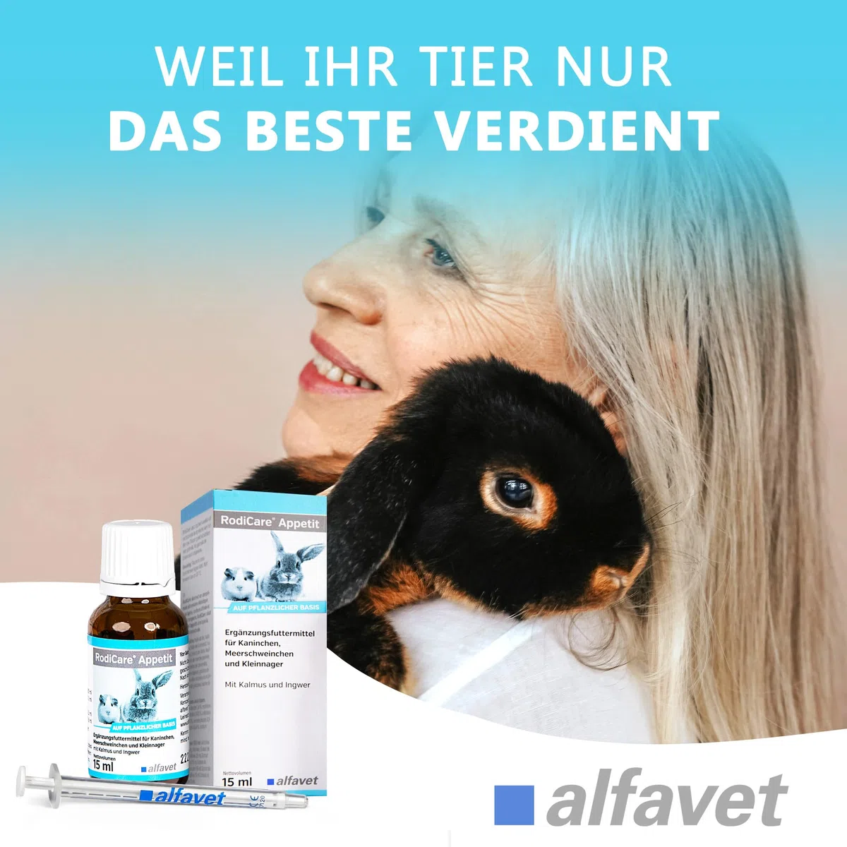 Alfavet RodiCare Appetit für schlecht fressende Nager, Ergänzungsfuttermittel für Kaninchen, Meerschweinchen und Kleinnager, 15 ml mit Dosierspritze