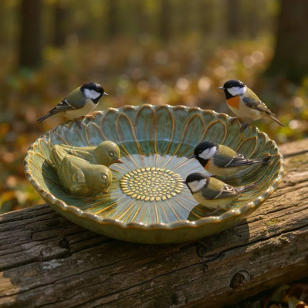 colourliving Keramik Vogeltränke „Royal“, rund, Ø 28 cm, glasiert, mit Deko-Vögeln, Stilvolle Wasserschale für den Garten – dekorativ, wetterfest & liebevoll verarbeitet (Olive)
