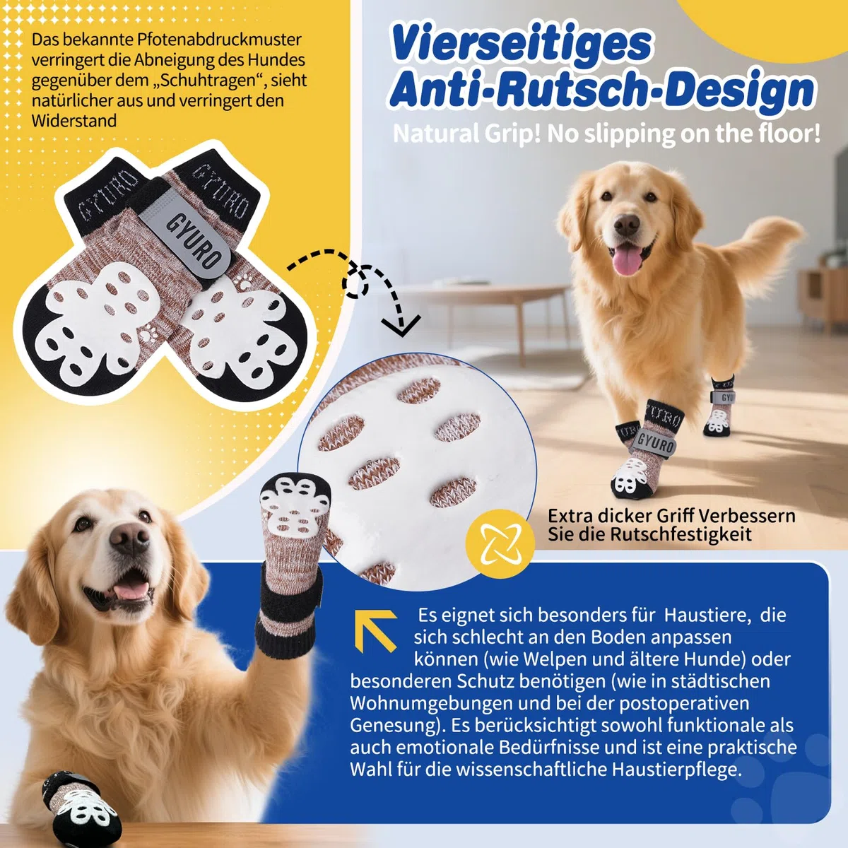 4-seitige rutschfeste Hundesocken mit reflektierenden verstellbaren Trägern für Indoor-Pfotenschutz auf Hartholzböden mit Vollschutz-Traktionskontrolle (Khaki, XL)