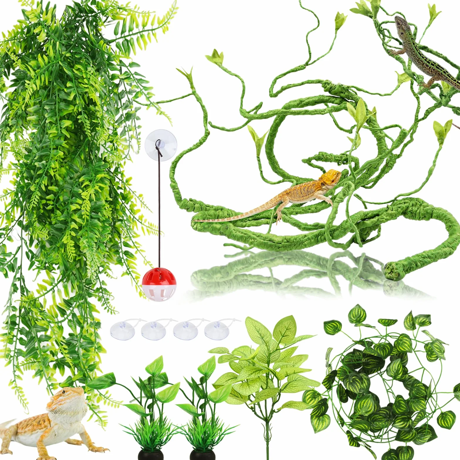 QUOZUO Hängepflanze Terrarium Zubehör, kunstpflanze hängend, Künstliche Pflanzen Reptilien Terrarium Kletterreben Blätter, Chamäleon Terrarium Deko für Eidechsen, Schlangen