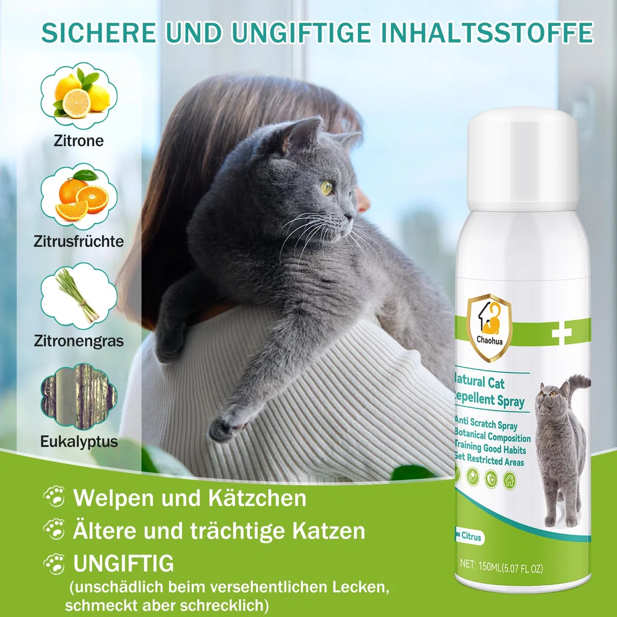 Katzenabwehrspray, 150ml Fernhaltespray Katzen für Innen und Außen, Anti Katzen Spray, Katzenschreck Spray für Pflanzen, Sofas, Böden, Möbel, Schützt Ihr Zuhause