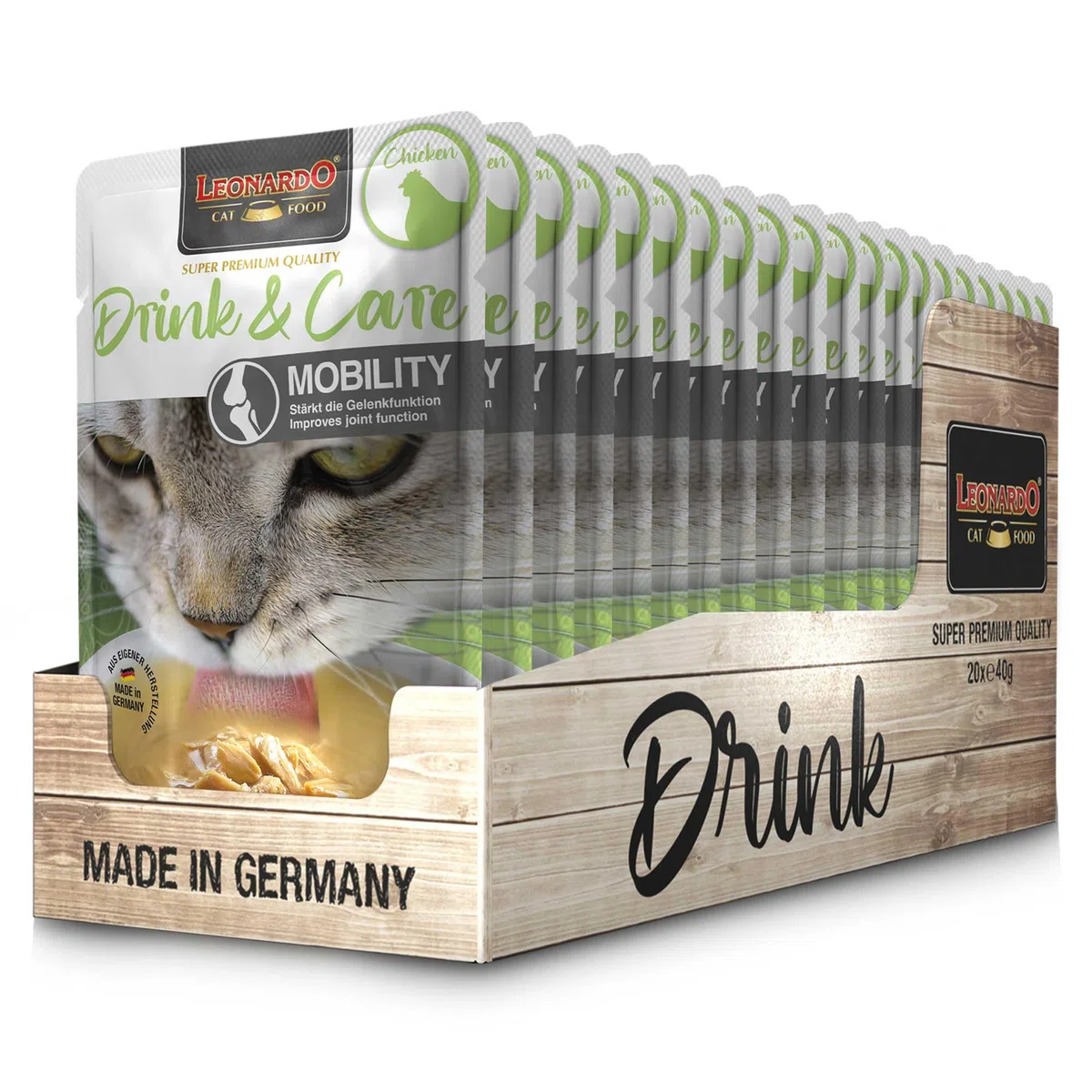 Leonardo Drink & Care Mobility Chicken | 20 x 40 g | Ergänzungsfuttermittel für ausgewachsene Katzen | Zur Unterstützung der Flüssigkeitsaufnahme und der Gelenkfunktion