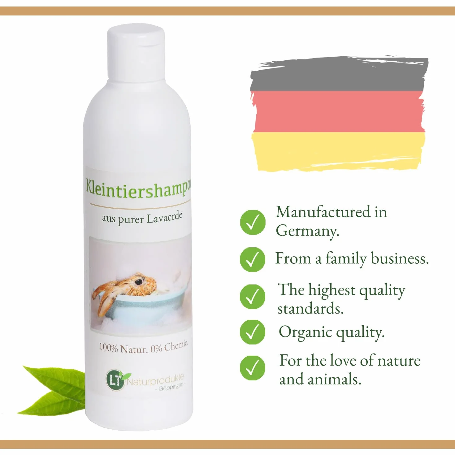 Kaninchenshampoo | Bio | Chemie- und seifenfrei | hypoallergen | gegen Juckreiz | mit original marokkanischer Lavaerde | 250ml | für Kurz- und Langfell