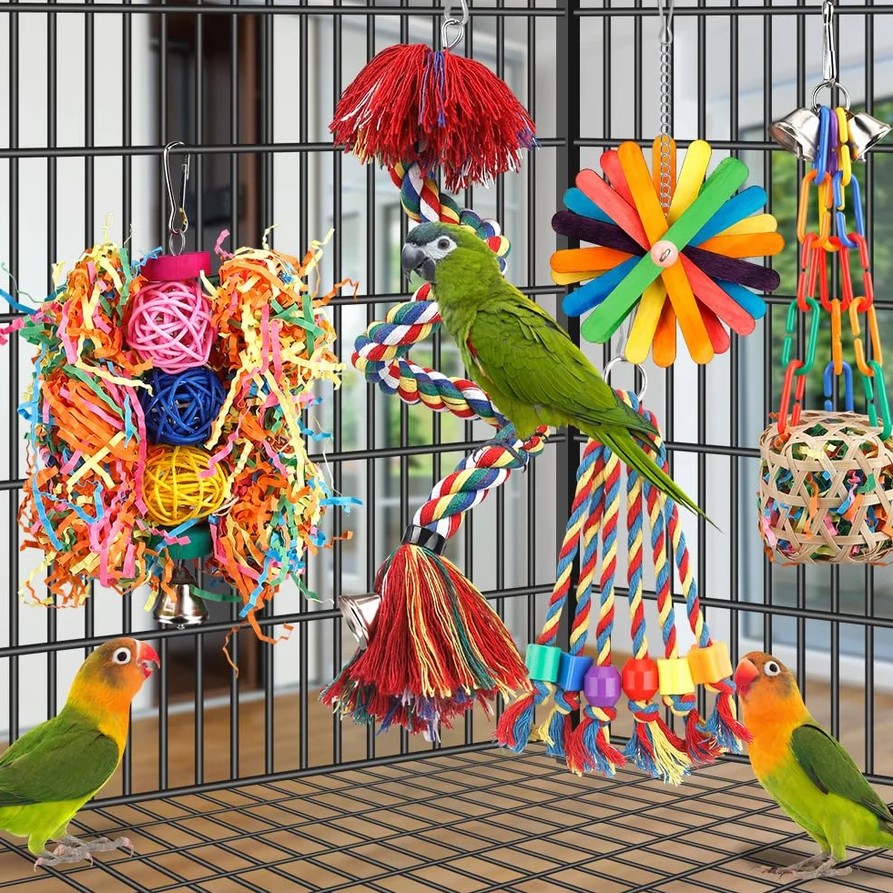 Vogelspielzeug, Seil mit Glocke, bunt, zum Kauen, Sitzstange, Wellensittiche, Schaukel, Klettern, Fußstütze, Käfigzubehör