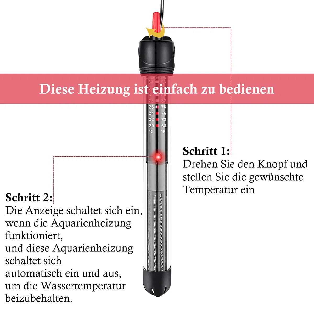 FEDOUR 100W 40-120L Aquarium Heizung, Verdicktes Quarzglas Aquarienheizer, Temperatur Einstellbare Aquarium Heizer Mit Saugnäpfen/Thermostat