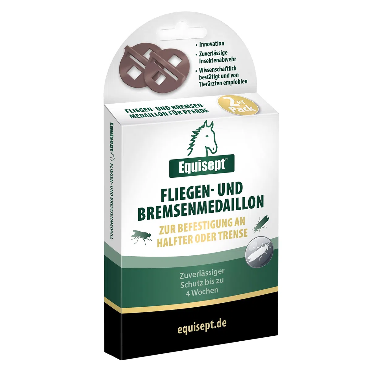 Equisept Fliegen- & Bremsen-Medaillon 2er Pack - Innovative Lösung zur Insektenabwehr am Pferd - Einfaches Anbringen an Halfter oder Trense - Bis zu 4 Wochen repellierende Wirkung - Dopingfrei