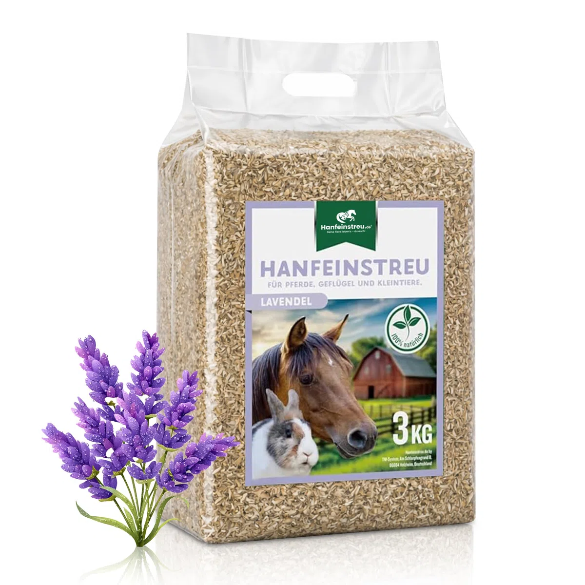 Hanfeinstreu mit Lavendel für Kleintiere, Hühner und Pferde, 30 Liter, 100% Naturprodukt, Extrem Saugfähig, Staubarm, Geruchsbindend, Nachhaltig und Langlebig