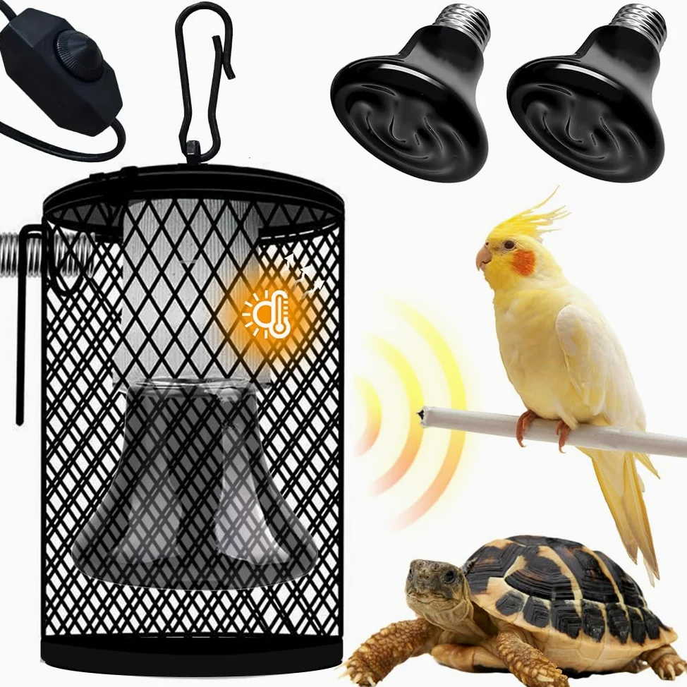 Reptilien Wärmelampe mit Schutzkorb, 2 Keramik Wärmelampen E27 mit Lampensockel Halter, Wärmelampe für Schildkröten, Einstellbare Temperatur, für Reptilien, Vögel, Chamäleon (50 W, Schwarz)