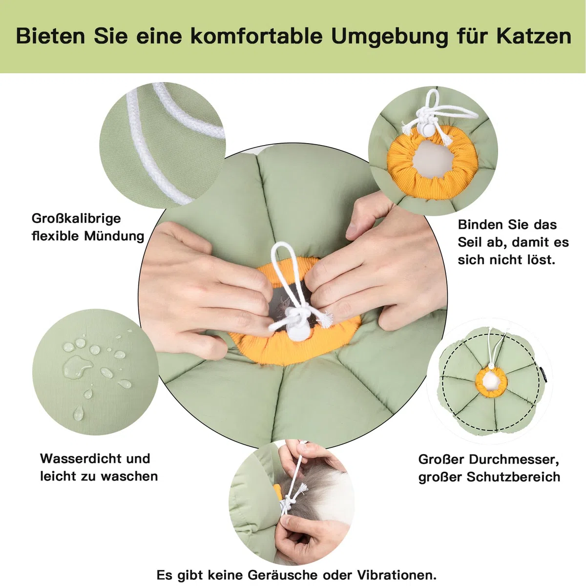 Halskrause Katze, Einstellbarer Katzenhalskragen, Weiche Blumen Katzenhalskrause Kragen Cone, für Katzen und kleine Hunde nach Operationen und Verletzungen (grüner, M)