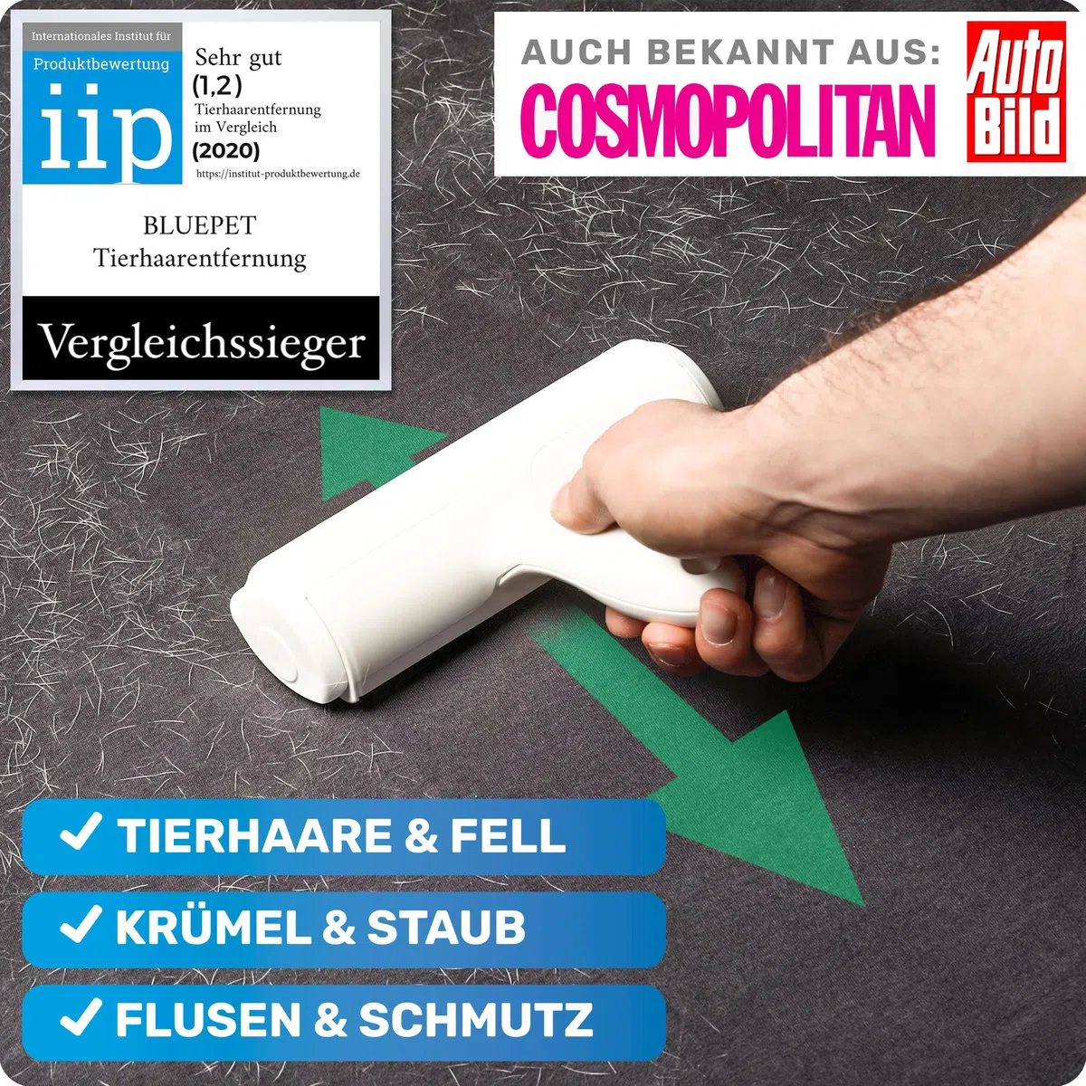 BluePet Tierhaarentferner + Mini Fusselrolle – Wiederverwendbarer Fusselentferner für Tierhaare, Hundehaare & Katzenhaare | Ideal für Kleidung, Polster & Teppiche, Abwaschbarer Katzenhaarentferner