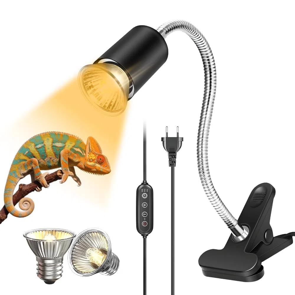 Wärmelampe Schildkröten, Reptilien Heizlampe Terrarium Lampe mit Timer UVA UVB Lampe mit 2 Basking Spot Glühbirnen E27 Lampenfassung für Schildkröte Eidechse (Schwarz, Birnen 50W x 2)
