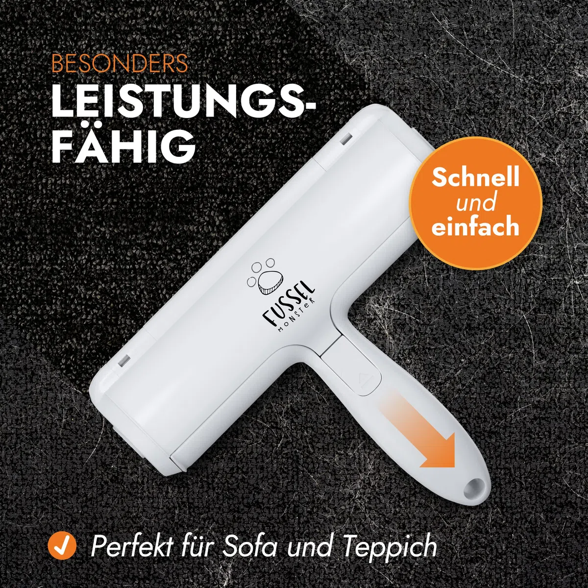 FusselMonster Tierhaarentferner Fusselrolle mit Sammelkammer – Wiederverwendbarer manueller Hunde- & Katzenhaarentferner für Sofa, Teppich & Autositze (weiß)