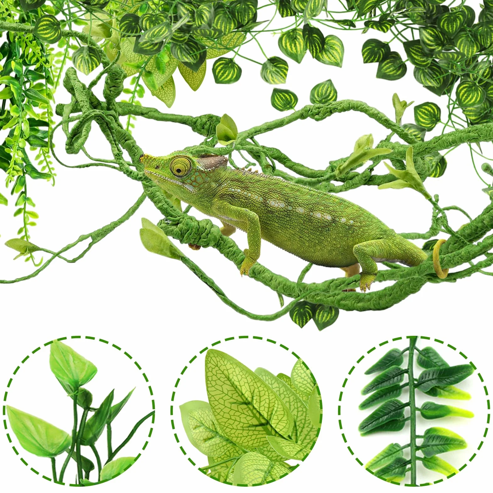 QUOZUO Hängepflanze Terrarium Zubehör, kunstpflanze hängend, Künstliche Pflanzen Reptilien Terrarium Kletterreben Blätter, Chamäleon Terrarium Deko für Eidechsen, Schlangen