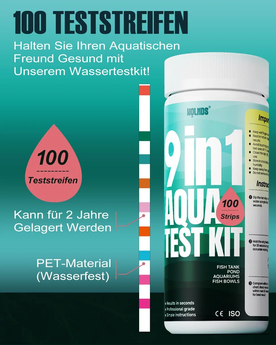 Aquarium Teststreifen - 9-in-1 Wassertestkoffer: Schnell & Präzise Wassertests für Süß- und Salzwasser, 100 Streifen zur Messung von Nitrit, Ammoniak, pH, Härte, für die Aquarium Pflege (100)