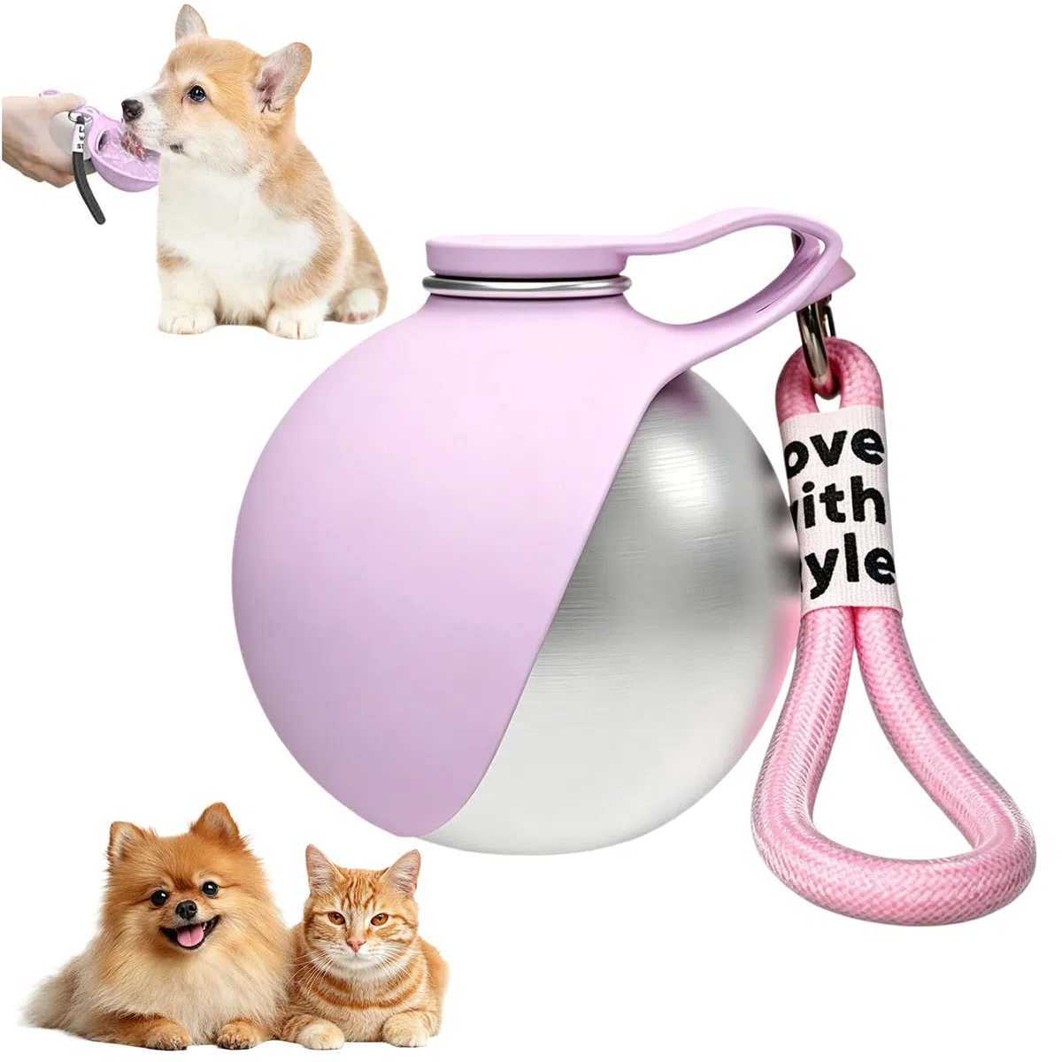 Trinkflasche Hunde für Unterwegs, Edelstahl Hunde Trinkflasche, Auslaufsichere & Kompakte Hundetrinkflasche,mit Faltbarem Silikonnapf, für Spaziergänge, Wanderungen & Reisen,285 ml (Rosa)