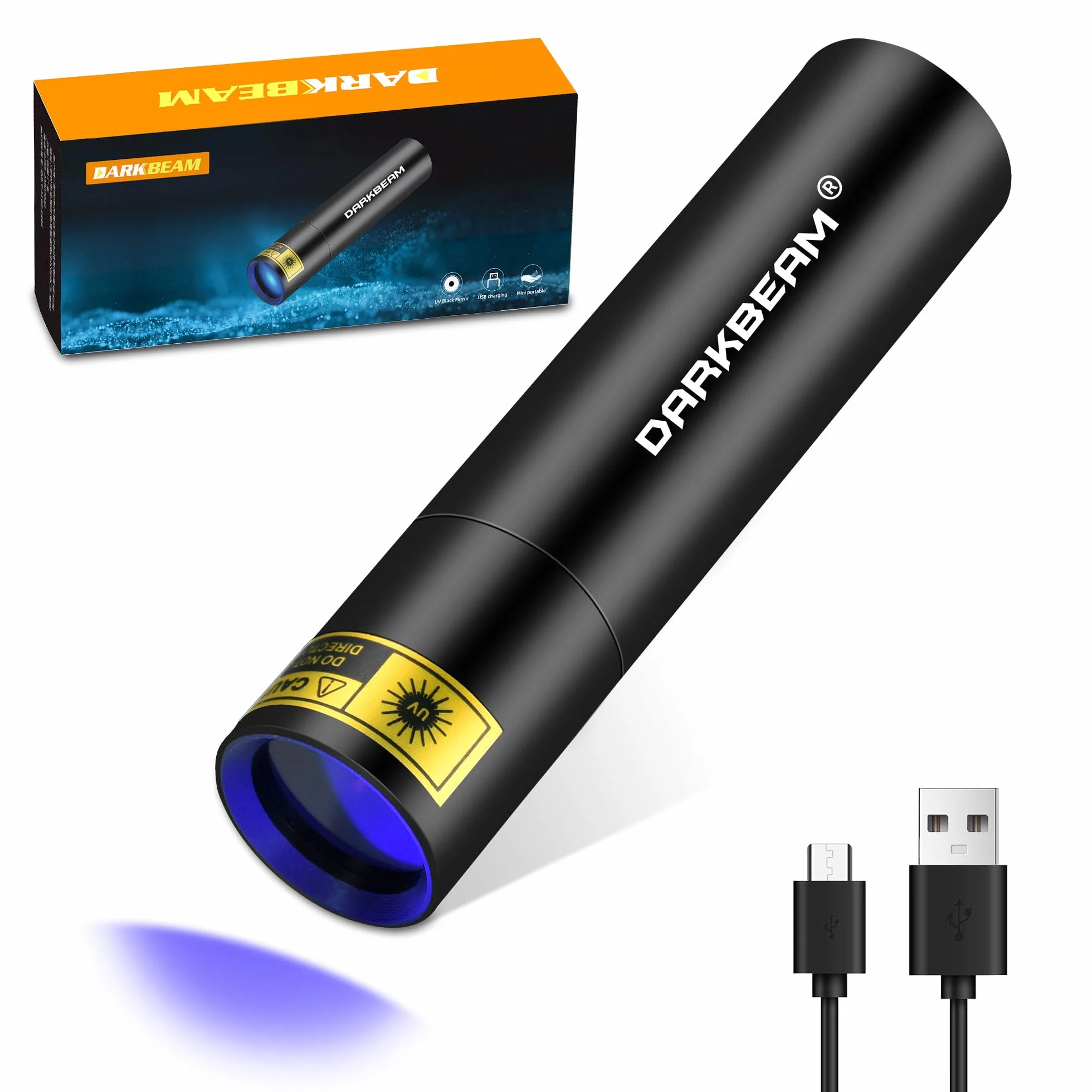 DARKBEAM 365nm UV Taschenlampe Mini Schwarzlicht – Wiederaufladbare USB-starke UV LED Taschenlampen, tragbare Woods-Lampe, Detektor für Aushärtung des Harzes, Bernstein Lampe, Heimtierurindetektoren