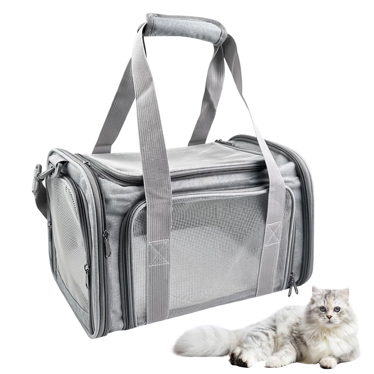 Transporttasche Katze, Faltbare Hundetragetasche Katzentragetasche, Transporttasche für Katze Hund, 45x25x26 cm Hundetransportbox, Haustiertragetasche, für Mittel Kleine Haustiere (Grau)