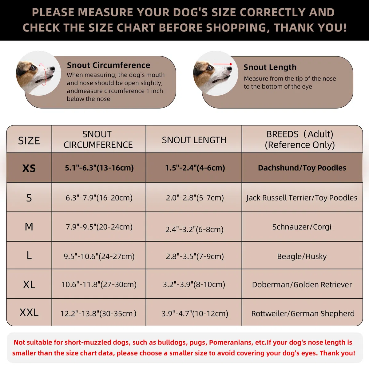 Maulkorb für Hunde, atmungsaktiv, weich, für extra kleine Hunde, verhindert Bellen, Beißen, Kauen, reflektierender, Verstellbarer Korbmaulkorb mit Air-Mesh für Dackel, Braun, Größe XS