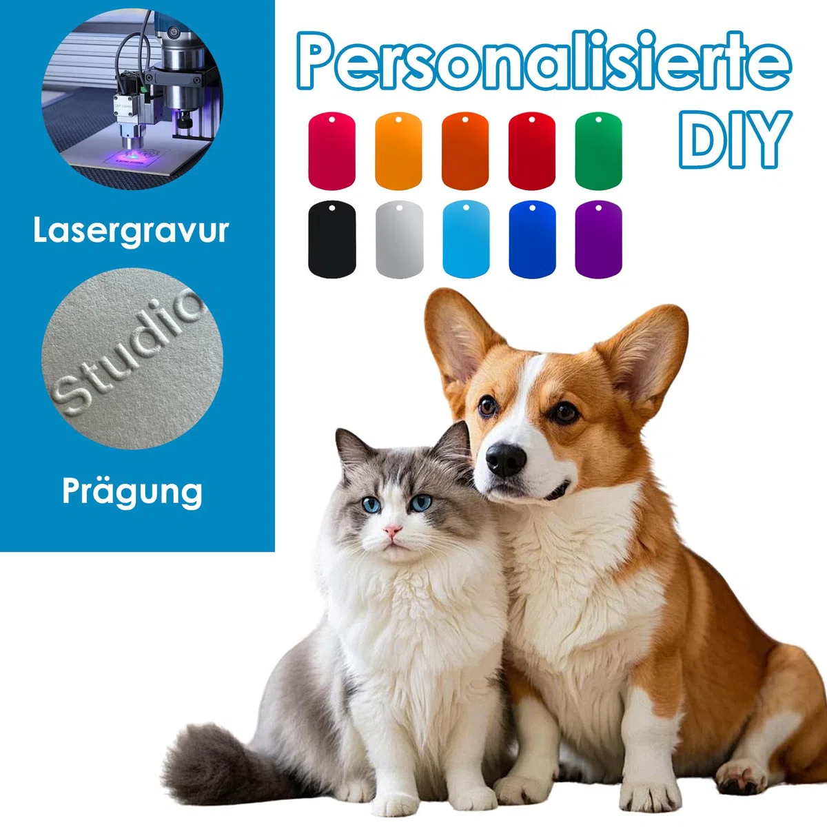 60 Stück Hundemarke Personalisiert, 50x29x1mm Bunte Erkennungsmarke, Blank Dog Tag, Schlüsselanhänger Rohling, Aluminium Gravur Rohlinge, Laser Rohlinge, Hundemarken für Handwerk Halskette