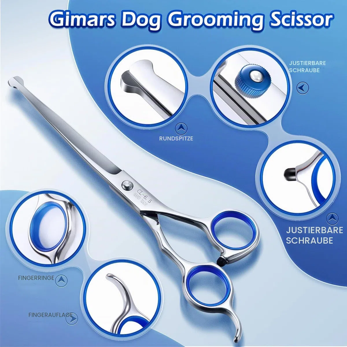Gimars Professionelle 5-in-1 Fellschere für Hunde, 4CR mit runder Sicherheitsspitze, robuste Titanbeschichtung, gerade und Effilier- und gebogene Schere