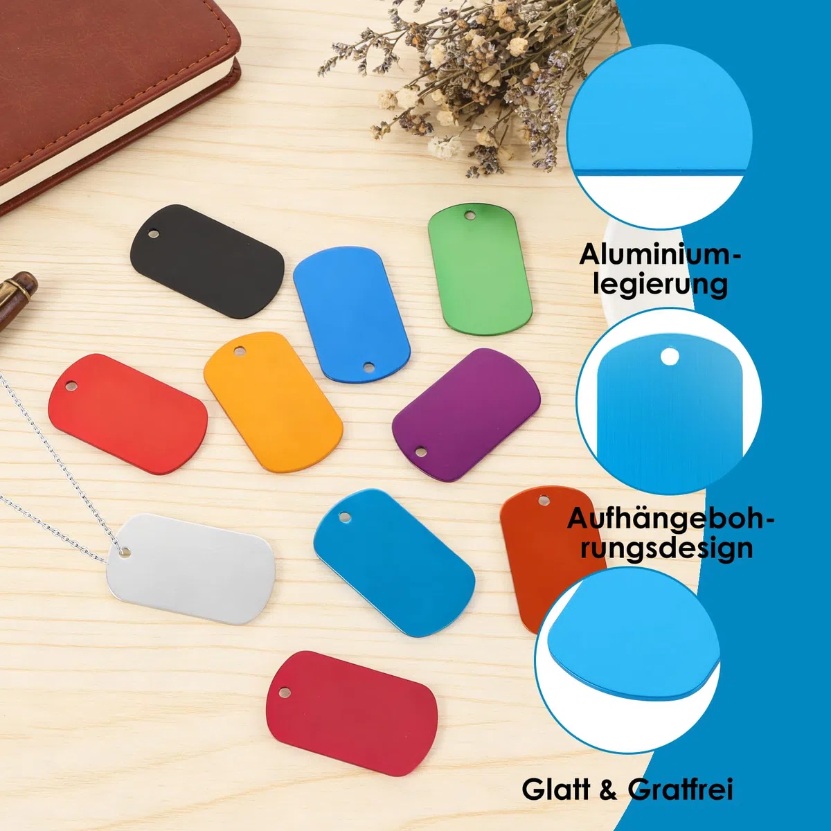60 Stück Hundemarke Personalisiert, 50x29x1mm Bunte Erkennungsmarke, Blank Dog Tag, Schlüsselanhänger Rohling, Aluminium Gravur Rohlinge, Laser Rohlinge, Hundemarken für Handwerk Halskette