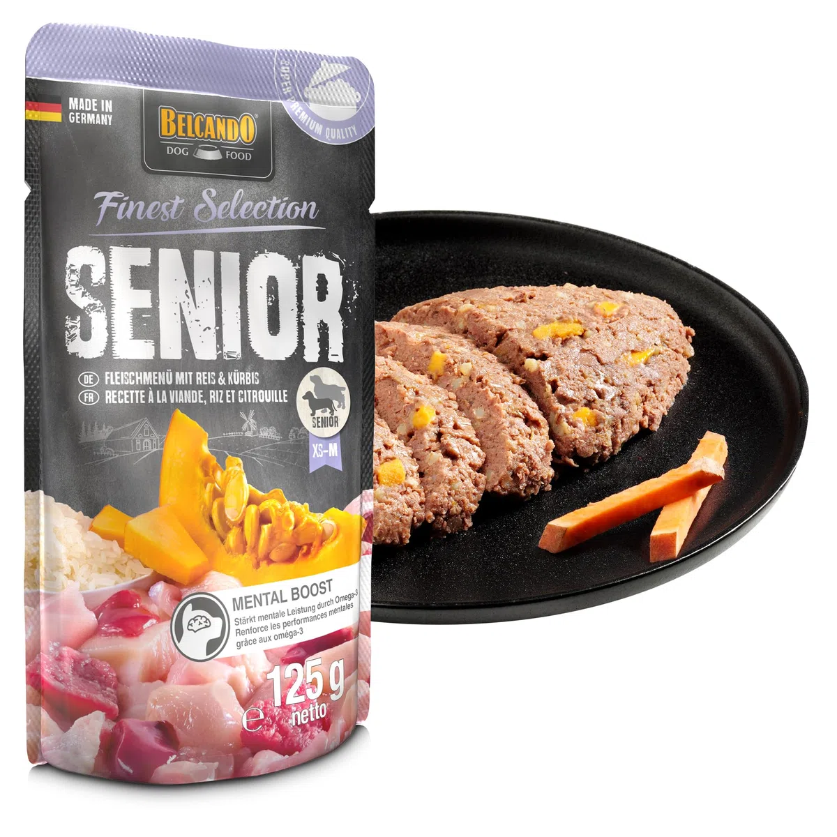 BELCANDO Senior Fleischmenü [12x125g mit Rind & Huhn] | Nassfutter für ältere Hunde | Feuchtfutter Alleinfutter im Einzelportionsbeutel für Senioren ab 7 Jahren