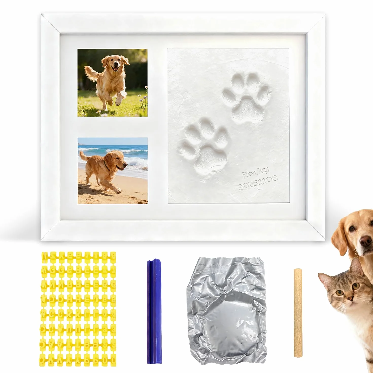 Pfotenabdruck Set Hund Katze, Baby Fussabdruck Set 0-6 Monate, Abdruck Bilderrahmen aus Ton, pfotenabdruck set katze, Hunde Geschenke, zum Aufhängen oder Aufstellen, Weiß