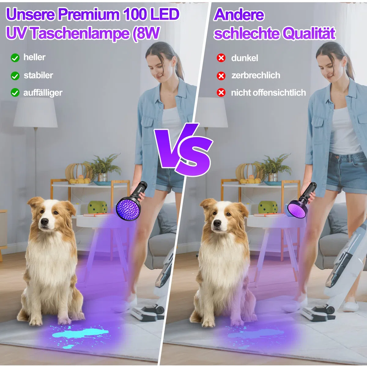 Vansky UV Lampe Schwarzlicht Taschenlampe 395nm: UV Licht mit 100 UV LED Haustiere Urin-Detektor Schwarzlichtlampe für Eingetrocknete Flecken Ihrer Hunde Katzen und Nagetiere auf Teppichen
